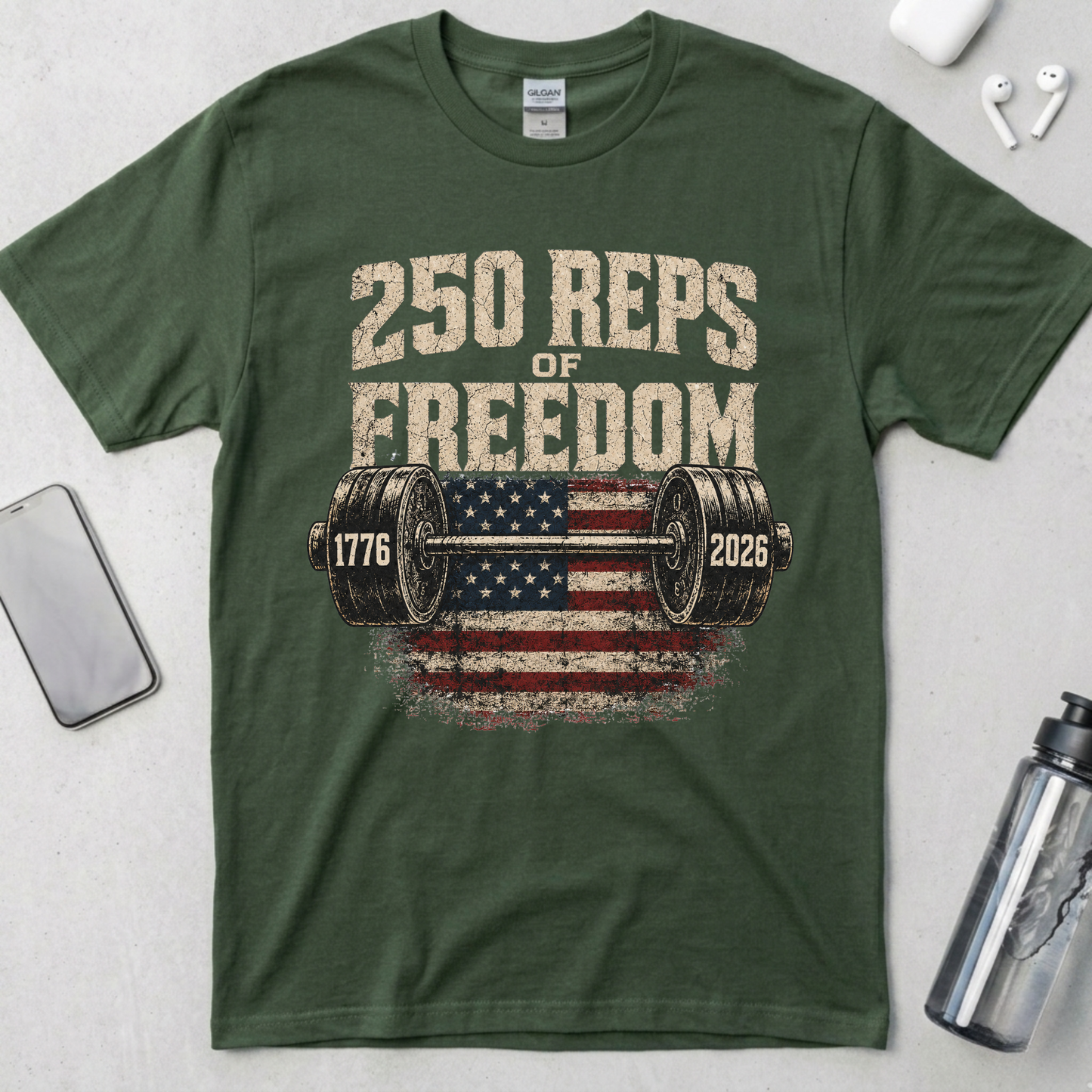 250 Reps of Freedom Barbell Flag T-Shirt