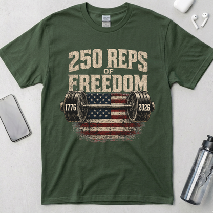 250 Reps of Freedom Barbell Flag T-Shirt