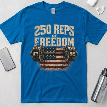 250 Reps of Freedom Barbell Flag T-Shirt