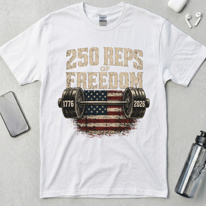 250 Reps of Freedom Barbell Flag T-Shirt